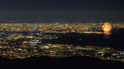 六甲山からの夜景と万博花火