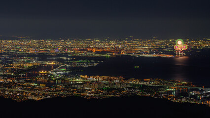 六甲山からの夜景と万博花火