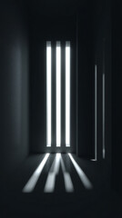 Fototapeta premium A minimalist 3D render of window blinds with bright light streaming through vertical slots, creating clean geometric patterns and a calm, modern atmosphere through light and shadow interplay.