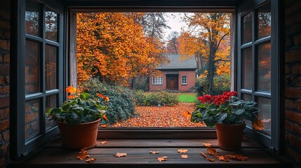 The view outside the window of falling leaves