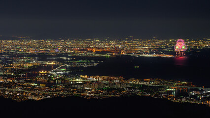 六甲山からの夜景と万博花火