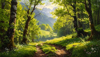 Serene Forest Path Through Lush Green Valley.