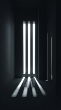 A minimalist 3D render of window blinds with bright light streaming through vertical slots, creating clean geometric patterns and a calm, modern atmosphere through light and shadow interplay.