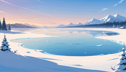 Serene Snowy Mountain Landscape with Frozen Lake and Pine Trees at Sunset