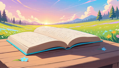 Open Book on Wooden Table in Scenic Nature Landscape at Sunrise