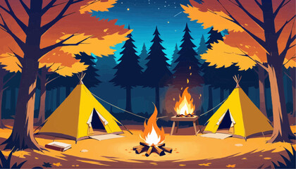 Colorful Illustration of Camping Scene in Autumn Forest with Tents and Campfire