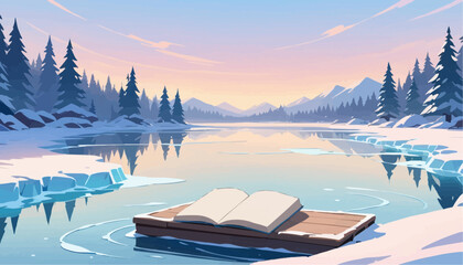 Serene Winter Landscape with Open Book Floating on Calm River Surrounded by Snowy Trees and Mountain Range