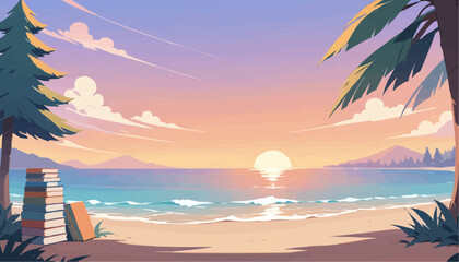 Serene Beach Sunset Scene with Calm Ocean and Palm Trees in Warm Pastel Colors