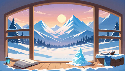 Scenic Winter Mountain Landscape View Through Large Window with Snowy Forest and Sunset