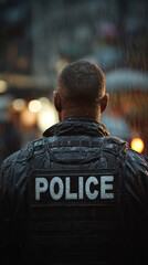 Back view of a police officer with POLICE on the uniform, standing against a blurred city background, conveying authority, vigilance, public safety, and protection in an urban setting.
