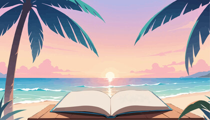 Open Book on Beach with Sunset Palm Trees and Ocean Scene
