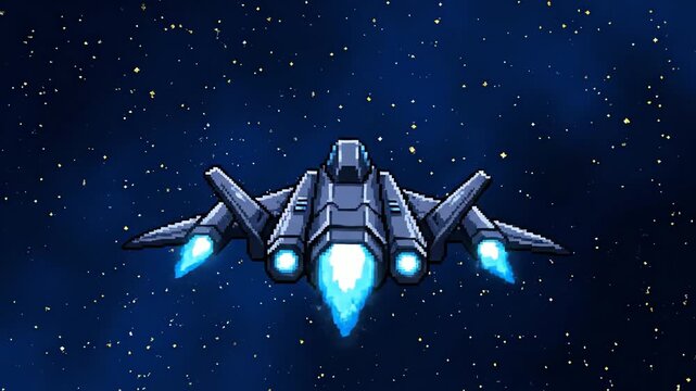 pixel art spaceship flying through starry space