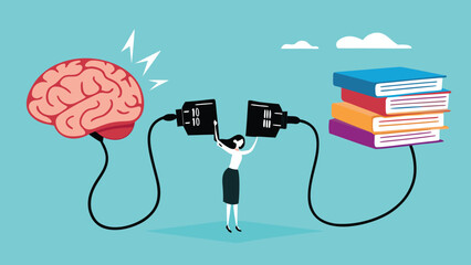 read books to learn new lessons, literature or intelligence information, improve literacy and numeracy skills, woman connect plug with stack of book with human brain concept vector illustration

