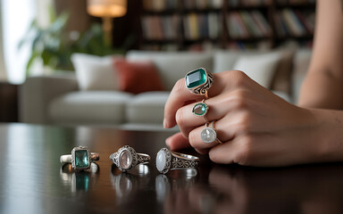 Fototapeta premium Elegant gemstone rings showcase luxury jewelry design, perfect for sophisticated style and glamorous fashion statements, adding sparkle and beauty to any look