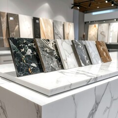 Variety of Marble and Granite Samples Displayed.