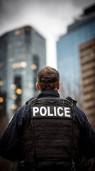 Back view of a police officer with POLICE on the uniform, standing against a blurred city background, conveying authority, vigilance, public safety, and protection in an urban setting.
