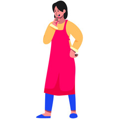 Woman in yellow shirt and pink apron brushing teeth with toothbrush and toothpaste in a bright clean environment