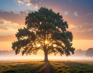 Sunrise Through Majestic Tree in a Peaceful Meadow.