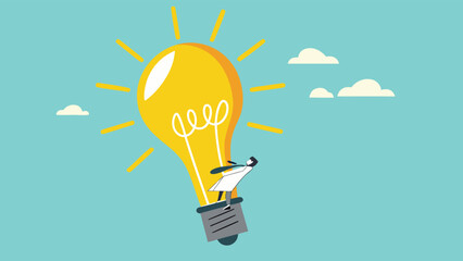 looking for business opportunities with knowledge, creative idea to see business opportunity, businesswoman riding a light bulb-shaped hot air balloon to observe business opportunities

