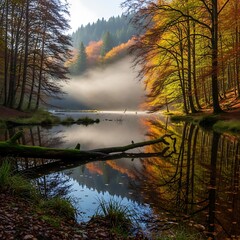 Autumnal Serenity - Reflections on a Misty Forest Lake.