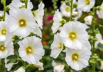 Elegant White Hollyhocks in Full Bloom - A Floral Masterpiece.