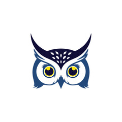 Stylized owl face illustration with blue and white feathers, yellow eyes, and a dark blue head.