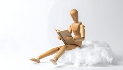 Wooden Mannequin Reading on Cloud