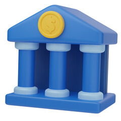 3D illustration of a blue bank building with four pillars and a triangular roof featuring a yellow coin symbol with a dollar sign. The design represents finance, banking, savings, and economy concepts