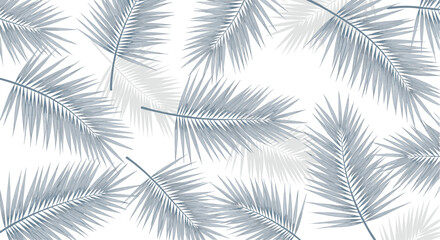 A delicate pattern of light blue and gray palm fronds against a white background.