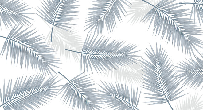 A delicate pattern of light blue and gray palm fronds against a white background.