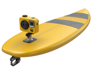 Yellow surfboard with action camera mounted on top, gray and yellow grip pad, isolated on transparency background, modern water sport equipment, energetic and adventurous vibe