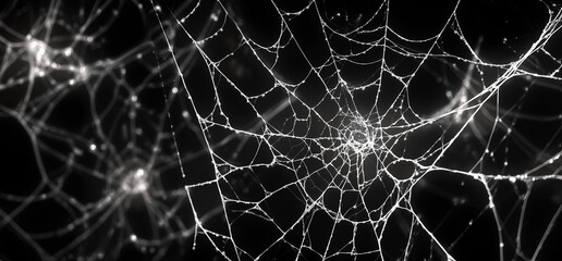 Black background with white spider webs, hanging from the left and right sides of the screen The webs are thin and long, copy space for text.