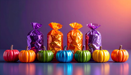 Festive Halloween display with colorful pumpkins and treat bags.