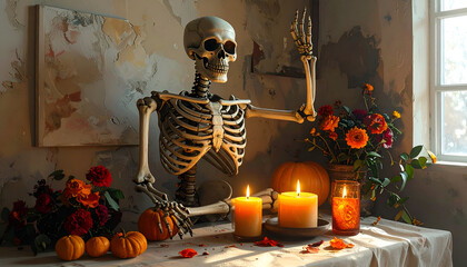 Spooky skeleton with candles and pumpkins on a table.