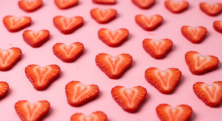 Fototapeta premium Creative pattern of strawberry slices forming heart shapes on pastel pink.