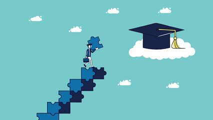 high education, success step to achieve higher education, cost to graduate high degree education, the way to achieve high education, people making ladder from puzzle going to graduation cap

