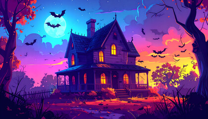 Haunted Victorian Mansion Under a Full Moon with Bats Flying at Sunset.