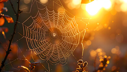 Dew Drops on Spider Web in Golden Sunrise Light.