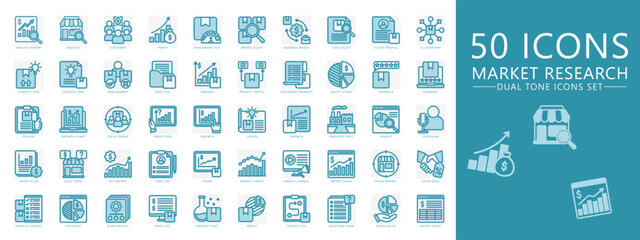 Market research blue color icons pack. contain profit, customer, analysis, target, growth, target, demand and more. Vector for print, digital UI, UX kit, web and app Trading, Business, Finance.