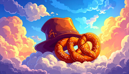Pretzel and Hat Floating in the Clouds - A Whimsical Food Fantasy.