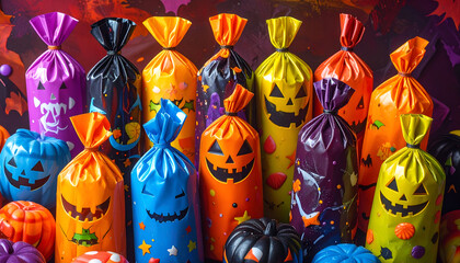 Colorful Halloween Treat Bags Filled with Candy for Trick-or-Treating.