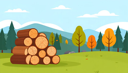 Stacked firewood logs in a beautiful cartoon forest landscape.