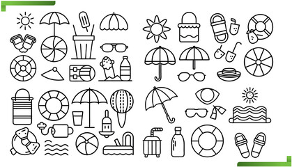 Summer Beach Vacation Icons Featuring Essential Items and Activities
