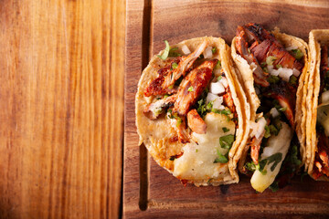 Taquitos al pastor. Also known as Tacos de Trompo, they are the most popular type of street tacos in Mexico, commonly made with pork and beef marinated with achiote.