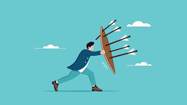 protection from threats, protects from Cyber ​​Threats to Businesses growth, protective shield company data security from cyber attacks, businessman uses a protective shield to ward off arrow attacks
