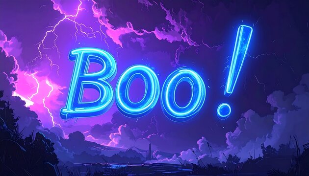 Electric blue neon "Boo!" text graphic against a stormy purple-pink sky. - Powered by Adobe