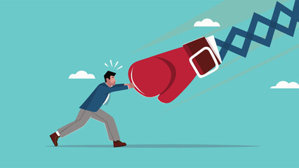 Business threat or problem, challenge or survive to win, survive and struggle to face business competition, defensive businessman using shield to face boxing glove with spring

