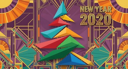 Fototapeta premium Festive New Year 2020 Art Deco Celebration with Geometric Christmas Tree.