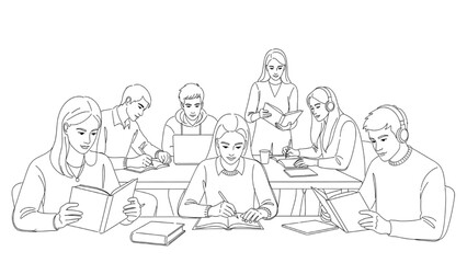 Minimalist Line Art Vector of Students in Study Activities – Reading, Writing, and Laptop Work in Daily Learning Routine Illustration