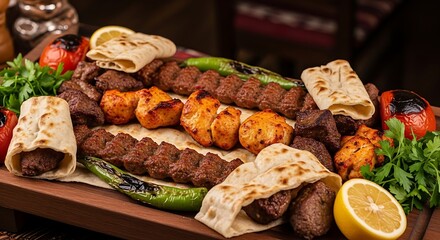 Delicious Mixed Kebab Platter with Grilled Vegetables and Flatbread.